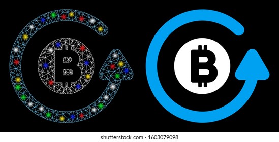 Flare mesh Bitcoin chargeback icon with glare effect. Abstract illuminated model of Bitcoin chargeback. Shiny wire carcass polygonal network Bitcoin chargeback icon.