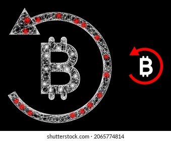 Flare mesh bitcoin chargeback with light spots. Linear frame flat mesh generated from intersected white lines and bitcoin chargeback icon.