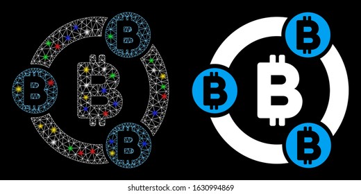 Flare mesh Bitcoin collaboration icon with glow effect. Abstract illuminated model of Bitcoin collaboration. Shiny wire carcass polygonal mesh Bitcoin collaboration icon.