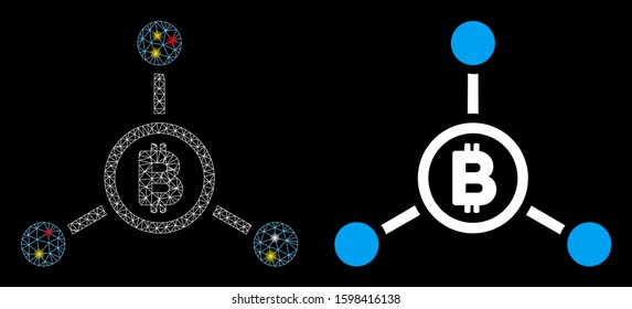 Flare mesh Bitcoin connections icon with glare effect. Abstract illuminated model of Bitcoin connections. Shiny wire carcass triangular network Bitcoin connections icon.