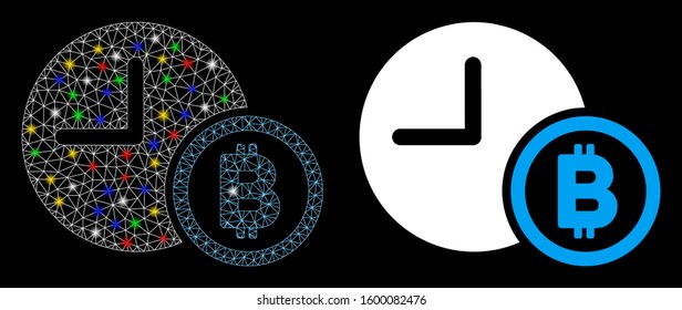 Flare mesh Bitcoin credit clock icon with glow effect. Abstract illuminated model of Bitcoin credit clock. Shiny wire carcass polygonal mesh Bitcoin credit clock icon.