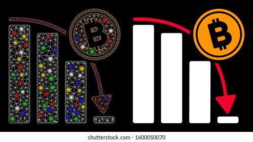 Flare mesh Bitcoin epic fail chart icon with glitter effect. Abstract illuminated model of Bitcoin epic fail chart. Shiny wire carcass polygonal network Bitcoin epic fail chart icon.