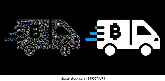 Flare mesh Bitcoin express car icon with glitter effect. Abstract illuminated model of Bitcoin express car. Shiny wire carcass triangular mesh Bitcoin express car icon.