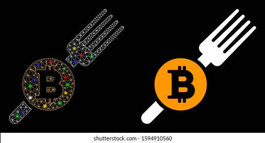Flare mesh Bitcoin fork icon with glitter effect. Abstract illuminated model of Bitcoin fork. Shiny wire carcass polygonal network Bitcoin fork icon. Vector abstraction on a black background.