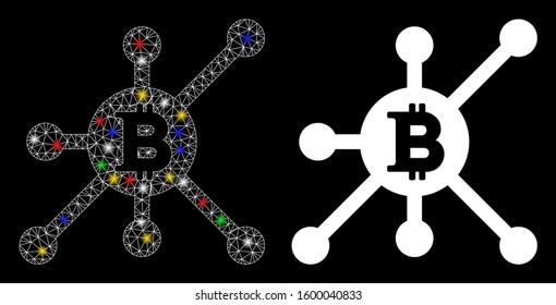 Flare mesh Bitcoin full node icon with glitter effect. Abstract illuminated model of Bitcoin full node. Shiny wire carcass triangular mesh Bitcoin full node icon.