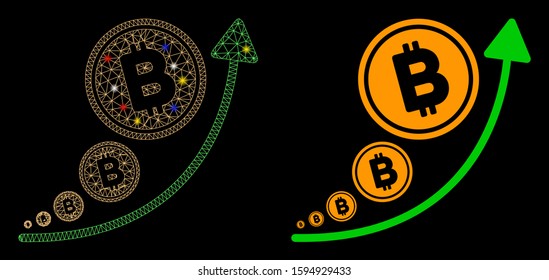 Flare mesh Bitcoin inflation trend icon with sparkle effect. Abstract illuminated model of Bitcoin inflation trend. Shiny wire carcass polygonal mesh Bitcoin inflation trend icon.