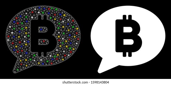 Flare mesh Bitcoin message balloon icon with glow effect. Abstract illuminated model of Bitcoin message balloon. Shiny wire carcass polygonal mesh Bitcoin message balloon icon.