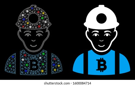 Flare mesh Bitcoin miner icon with glare effect. Abstract illuminated model of Bitcoin miner. Shiny wire carcass triangular mesh Bitcoin miner icon. Vector abstraction on a black background.