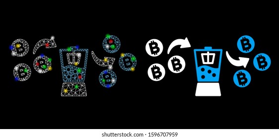 Flare mesh Bitcoin mixer icon with sparkle effect. Abstract illuminated model of Bitcoin mixer. Shiny wire frame polygonal mesh Bitcoin mixer icon. Vector abstraction on a black background.