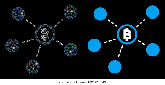 Flare mesh Bitcoin network icon with glitter effect. Abstract illuminated model of Bitcoin network. Shiny wire frame polygonal mesh Bitcoin network icon. Vector abstraction on a black background.