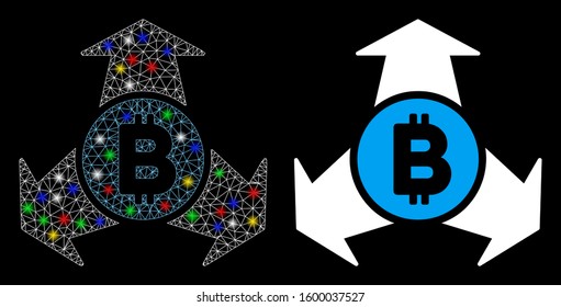 Flare mesh Bitcoin spend arrows icon with sparkle effect. Abstract illuminated model of Bitcoin spend arrows. Shiny wire carcass polygonal mesh Bitcoin spend arrows icon.