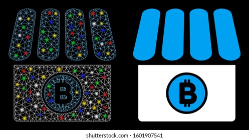 Flare mesh Bitcoin store icon with glow effect. Abstract illuminated model of Bitcoin store. Shiny wire carcass polygonal mesh Bitcoin store icon. Vector abstraction on a black background.