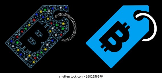 Flare mesh Bitcoin tag icon with glitter effect. Abstract illuminated model of Bitcoin tag. Shiny wire carcass polygonal mesh Bitcoin tag icon. Vector abstraction on a black background.