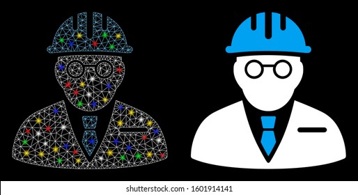 Flare mesh blind engineer icon with glare effect. Abstract illuminated model of blind engineer. Shiny wire frame polygonal mesh blind engineer icon. Vector abstraction on a black background.