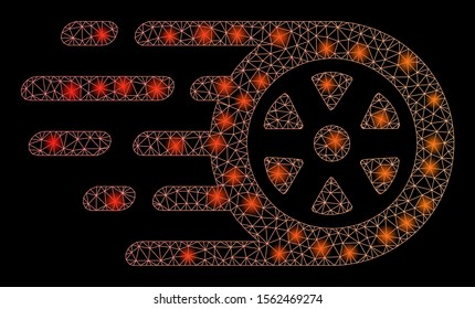 Flare mesh bolide car wheel with glare effect. Abstract illuminated model of bolide car wheel icon. Shiny wire carcass triangular network bolide car wheel. Vector abstraction on a black background.