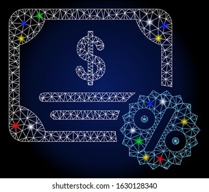 Flare mesh bond coupon with lightspot effect. Abstract illuminated model of bond coupon. Shiny wire frame triangular mesh bond coupon icon. Vector abstraction on a dark blue gradient background.