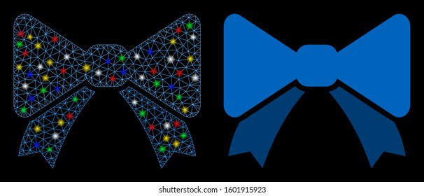 Flare mesh bow tie icon with sparkle effect. Abstract illuminated model of bow tie. Shiny wire carcass polygonal mesh bow tie icon. Vector abstraction on a black background.