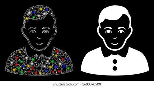 Flare mesh boy icon with sparkle effect. Abstract illuminated model of boy. Shiny wire frame triangular mesh boy icon. Vector abstraction on a black background.