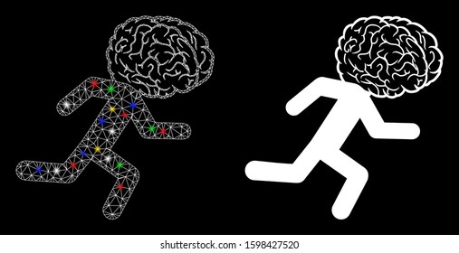 Flare mesh brain drain icon with sparkle effect. Abstract illuminated model of brain drain. Shiny wire frame polygonal mesh brain drain icon. Vector abstraction on a black background.