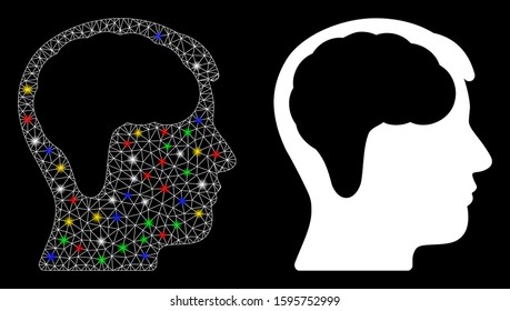 Flare mesh brain icon with sparkle effect. Abstract illuminated model of brain. Shiny wire carcass polygonal mesh brain icon. Vector abstraction on a black background.