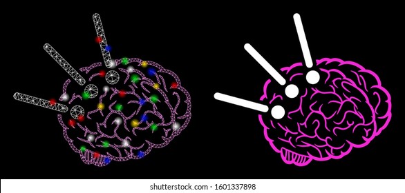 Flare mesh brain operation icon with lightspot effect. Abstract illuminated model of brain operation. Shiny wire frame polygonal mesh brain operation icon. Vector abstraction on a black background.