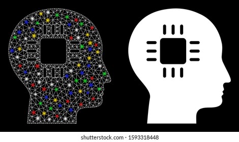 Flare mesh brain processor icon with glow effect. Abstract illuminated model of brain processor. Shiny wire frame triangular mesh brain processor icon. Vector abstraction on a black background.