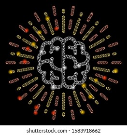 Flare mesh brain radiance with glitter effect. Abstract illuminated model of brain radiance icon. Shiny wire carcass triangular mesh brain radiance. Vector abstraction on a black background.