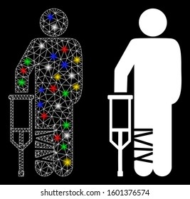 Flare mesh broken leg patient icon with glow effect. Abstract illuminated model of broken leg patient. Shiny wire frame triangular mesh broken leg patient icon.