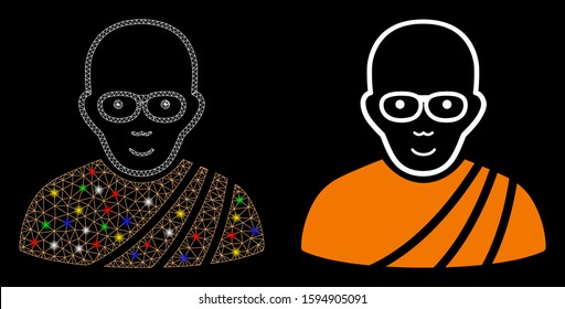 Flare mesh buddhist monk icon with sparkle effect. Abstract illuminated model of buddhist monk. Shiny wire carcass triangular network buddhist monk icon. Vector abstraction on a black background.