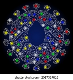 Virus de la malla carnosa con efecto de brillo. Resumen modelo vectorial iluminado del icono del virus de bug en un fondo degradado azul oscuro. Virus de la malla poligonal del marco de alambre blanco.