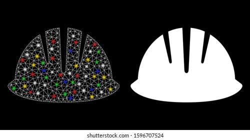 Flare mesh builder helmet icon with glow effect. Abstract illuminated model of builder helmet. Shiny wire frame triangular network builder helmet icon. Vector abstraction on a black background.