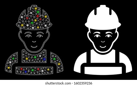 Flare mesh builder icon with glow effect. Abstract illuminated model of builder. Shiny wire frame polygonal mesh builder icon. Vector abstraction on a black background.