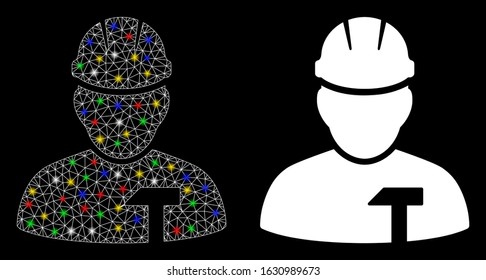 Flare mesh builder person icon with glow effect. Abstract illuminated model of builder person. Shiny wire carcass triangular mesh builder person icon. Vector abstraction on a black background.