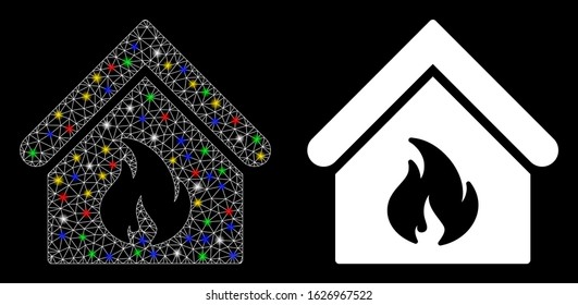 Flare mesh building fire icon with glow effect. Abstract illuminated model of building fire. Shiny wire frame triangular mesh building fire icon. Vector abstraction on a black background.