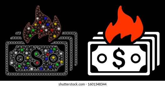 Flare mesh burn banknotes icon with glow effect. Abstract illuminated model of burn banknotes. Shiny wire carcass triangular network burn banknotes icon. Vector abstraction on a black background.
