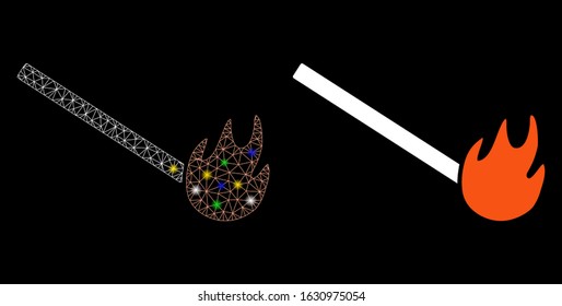 Flare mesh burned match icon with lightspot effect. Abstract illuminated model of burned match. Shiny wire frame triangular mesh burned match icon. Vector abstraction on a black background.