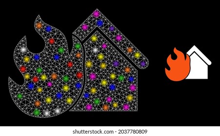 La casa de la quema de malla de la carne es un icono brillante con focos de luz. La constelación vectorial iluminada se crea a partir del icono de la casa quemada. Chimenea de malla de canal en un fondo negro.