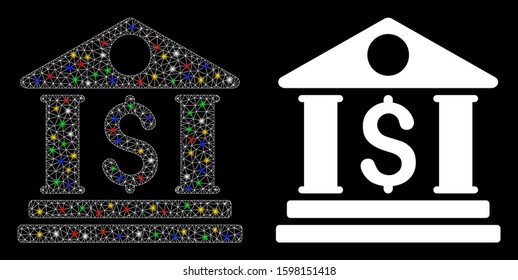 Flare mesh business center icon with sparkle effect. Abstract illuminated model of business center. Shiny wire carcass triangular mesh business center icon. Vector abstraction on a black background.