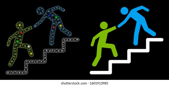 Flare mesh business help icon with glare effect. Abstract illuminated model of business help. Shiny wire frame polygonal mesh business help icon. Vector abstraction on a black background.