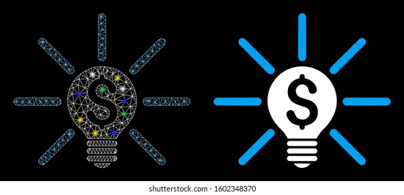 Flare mesh business idea bulb icon with glare effect. Abstract illuminated model of business idea bulb. Shiny wire frame triangular mesh business idea bulb icon.