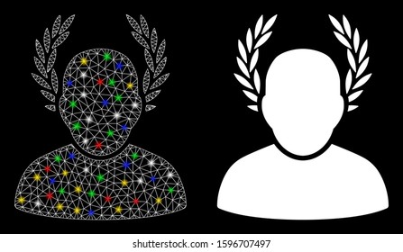 Flare mesh caesar icon with glitter effect. Abstract illuminated model of caesar. Shiny wire carcass polygonal mesh caesar icon. Vector abstraction on a black background.
