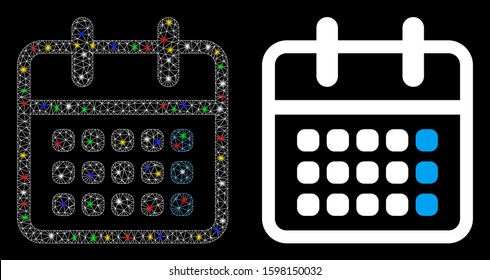 Flare mesh calendar month icon with glare effect. Abstract illuminated model of calendar month. Shiny wire carcass polygonal mesh calendar month icon. Vector abstraction on a black background.