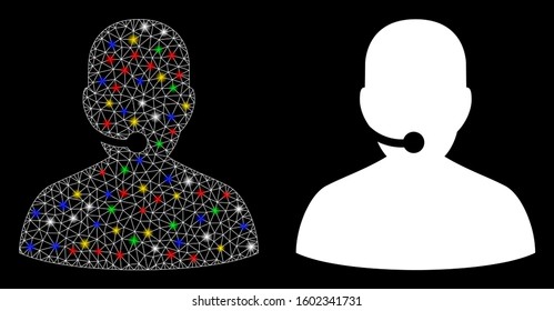 Flare mesh call center icon with glow effect. Abstract illuminated model of call center. Shiny wire frame polygonal mesh call center icon. Vector abstraction on a black background.