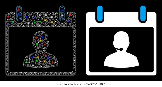 Flare mesh call center manager calendar day icon with lightspot effect. Abstract illuminated model of call center manager calendar day.