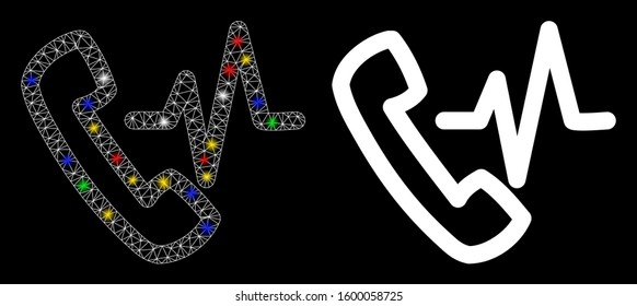 Flare mesh call icon with glare effect. Abstract illuminated model of call. Shiny wire frame polygonal mesh call icon. Vector abstraction on a black background.