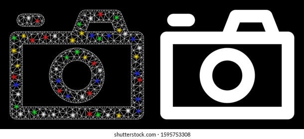 Flare mesh camera icon with glow effect. Abstract illuminated model of camera. Shiny wire carcass polygonal mesh camera icon. Vector abstraction on a black background.