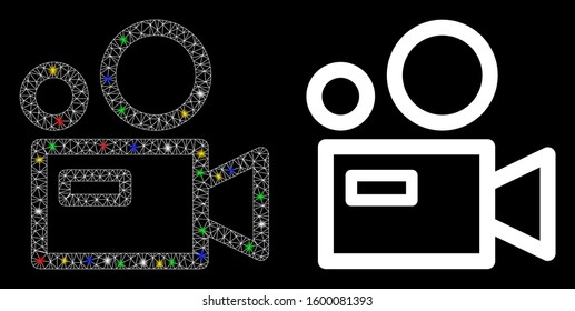 Flare mesh camera icon with glow effect. Abstract illuminated model of camera. Shiny wire frame triangular network camera icon. Vector abstraction on a black background.