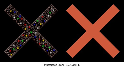 Flare mesh cancel icon with glow effect. Abstract illuminated model of cancel. Shiny wire frame triangular mesh cancel icon. Vector abstraction on a black background.