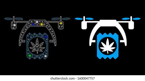 Flare mesh cannabis drone delivery icon with glow effect. Abstract illuminated model of cannabis drone delivery. Shiny wire frame triangular mesh cannabis drone delivery icon.