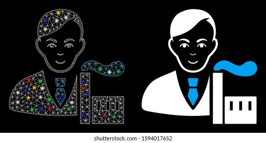 Flare mesh capitalist oligarch icon with lightspot effect. Abstract illuminated model of capitalist oligarch. Shiny wire carcass polygonal mesh capitalist oligarch icon.